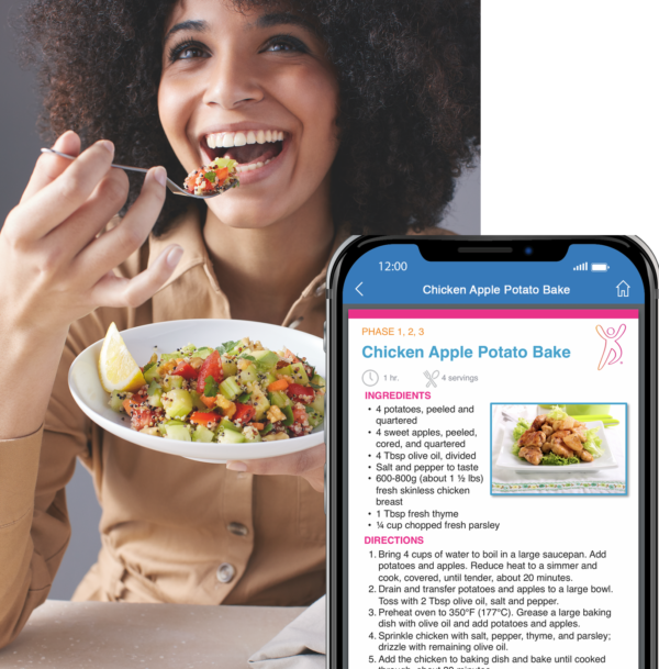 Woman with curly hair eating a colourful salad with a screenshot of a ModuLife™ recipe
